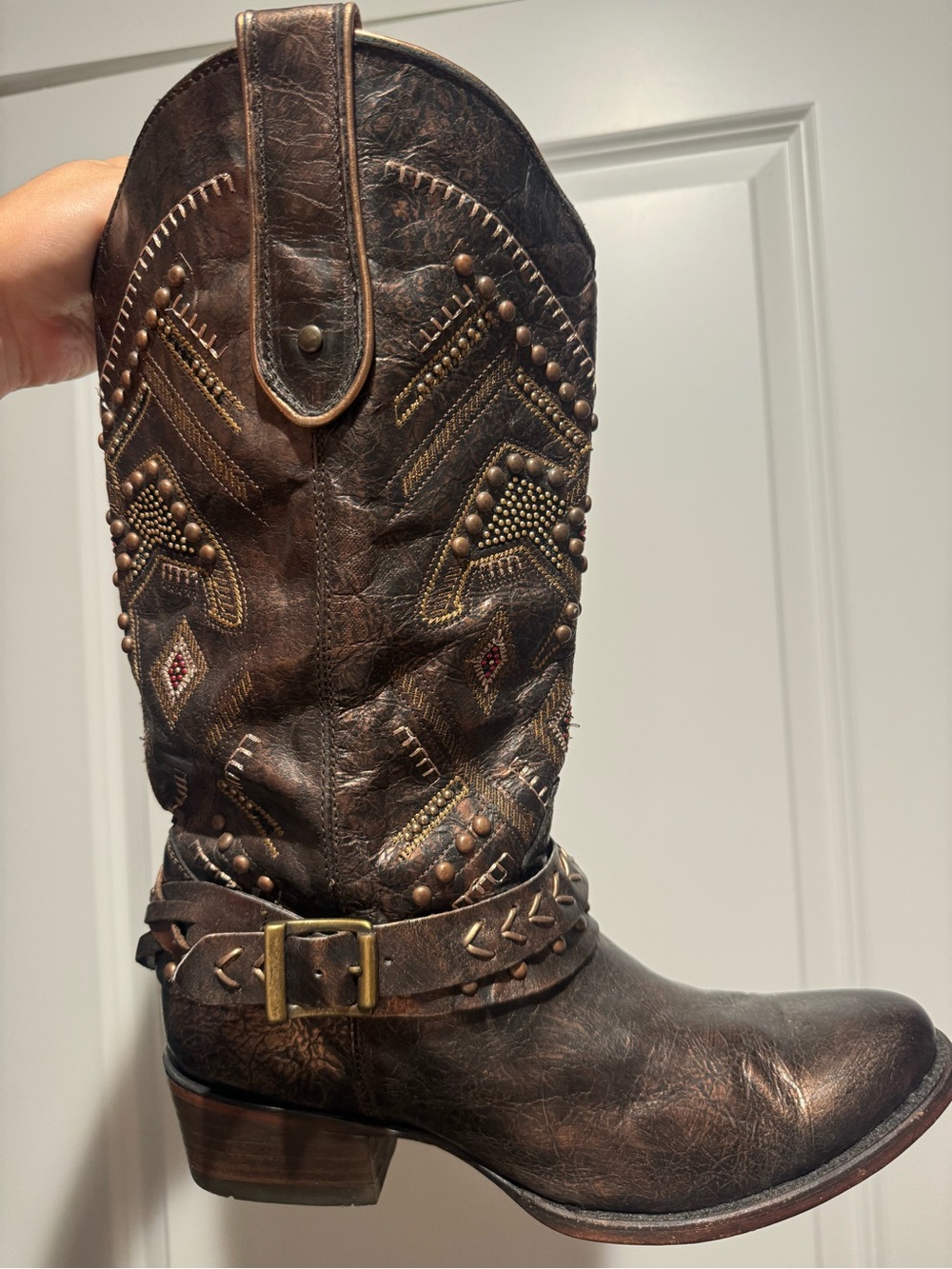 Studded Brown Leather Western Boot with Harness